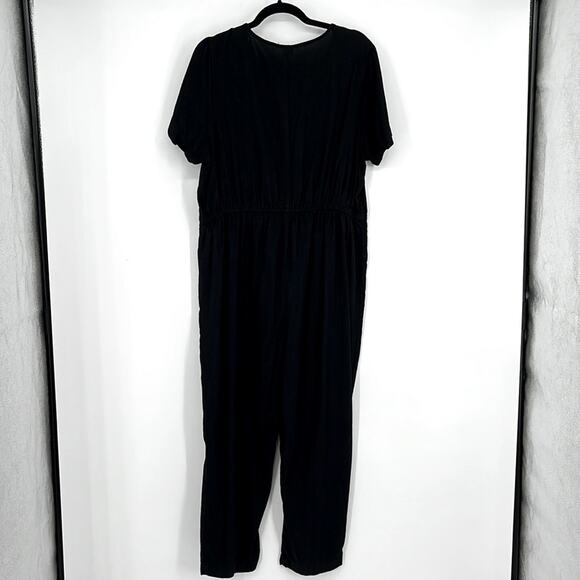 Old Navy | V-Neck Button Front Jumpsuit Puff Short Sleeve Linen Blend Black XL - Picture 4 of 11